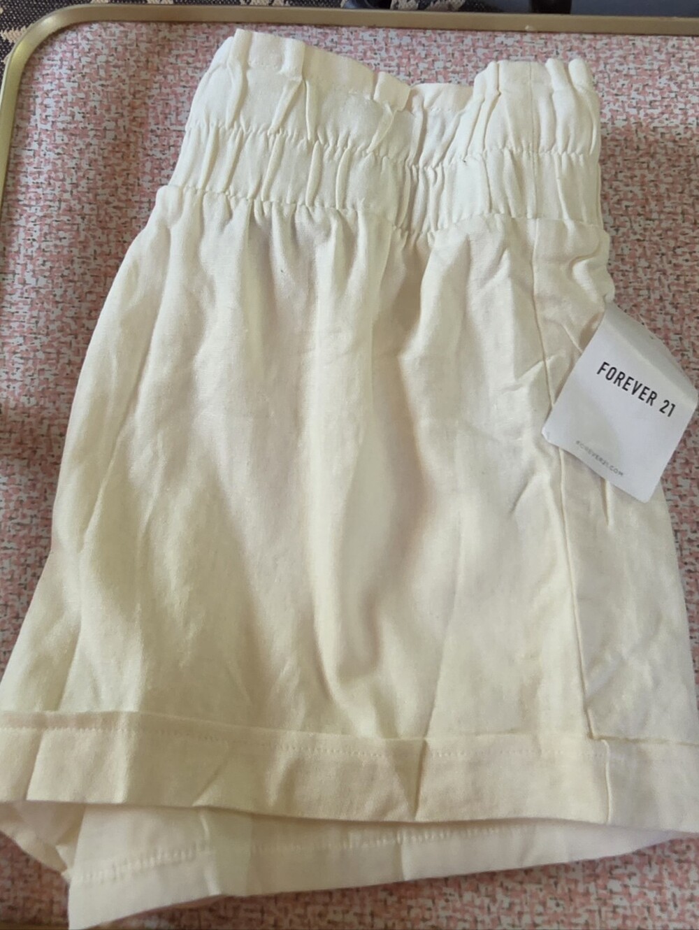 NWT Forever 21 High Waisted Paperbag Smocked Shorts Cream Off White Size Medium